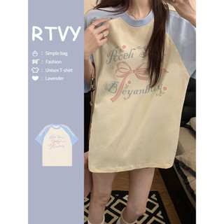 「RTVY」Áo thun ngắn tay sọc in nơ Oversize dáng rộng thường ngày dành cho nữ