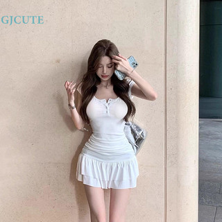 Gjcute cổ vuông tay ngắn mùa hè chữ a xếp ly phía trước nút tầng đầm wtd