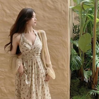 【Bess's house】váy bigsize nữ，váy hoa nhí dáng dài，váy tiểu thư sang chảnh，set váy bigsize，Quá Khổ Béo MM Ôm Và Cay Bé Gái Mùa Hè Treo Cổ Mảnh Hoa Dài Giữa Váy Cổ Tích Phong Cách Pháp Eo Kéo Đầm，set đồ nữ bigsize，set bigsize nữ sang chảnh
