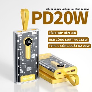 Sạc Dự Phòng Trong Suốt 20000mAh TZ66 Với 2 Cổng Sạc Nhanh 22.5w và PD 20W Màn Hình LED- DL Tech