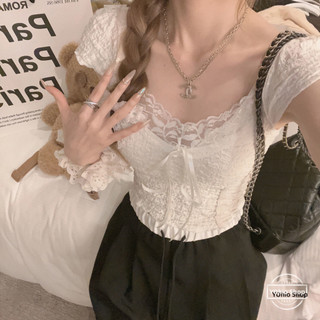 Nữ Mùa Hè Ngọt Ngào Ren Nối Ngắn Tay Ôm Vừa Vặn Nơ Top