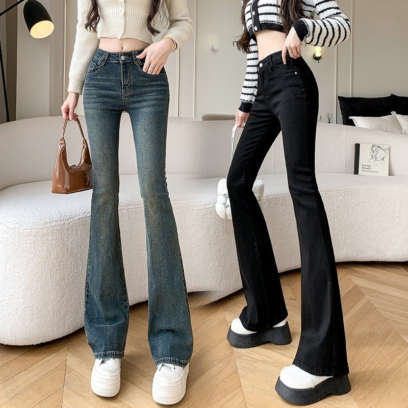 Quần Jean Ống Loe Nữ Cạp Cao Tôn Dáng Ôm Eo, Quần Bò Nữ Ống Loe Trơn May Gấu Chất Vải Co Giãn Nhẹ | BigBuy360 - bigbuy360.vn