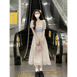 Váy body dáng dài Váy hoa nhí Phong Cách Nhẹ Nhàng Retro Hoa Pháp Đầm Nữ Mùa Hè Nẹp Cổ Vuông Tính Khí Ngọt Ngào Tay Phồng Váy Dài