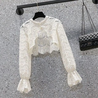 Fxdazi * Khăn choàng Cardigan ren Khăn choàng nhỏ Áo sơ mi nữ mùa hè 2022 Phong cách mới Ôm hơn Nhìn phù hợp với phong cách phương Tây Váy đeo chéo sang trọng Quần áo chống nắng mỏng chống nắng ngắn