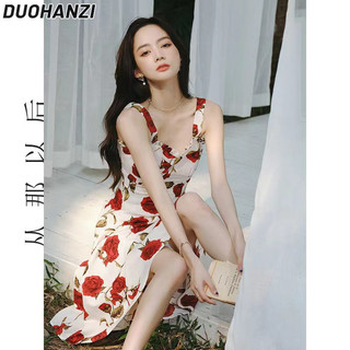 Duohanzi Váy nữ mùa hè Hàn Quốc váy hoa không tay thiết kế kiểu Pháp váy dài treo
