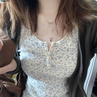 Tianleyu Brandy Melville Áo thun Cotton nguyên chất lưng cao tay ngắn in hoa ba nút nữ Mỹ