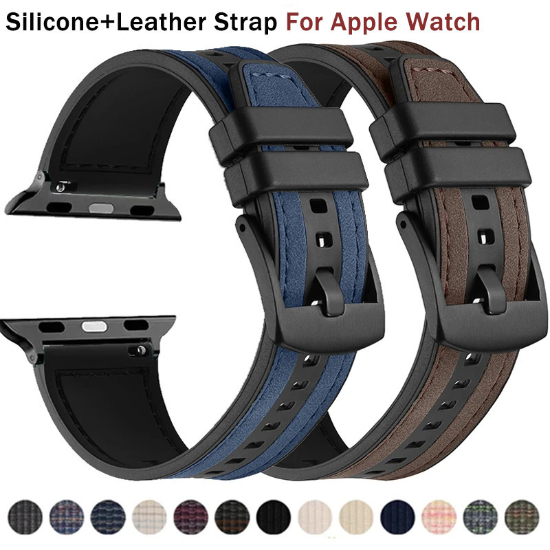 Vòng tay dây đeo bằng silicon + bằng da tương thích cho Apple Watch Ultra 2 49mm 41mm 45mm 44mm 40mm IWatch Series 9 8 7 6 SE 5 4 3