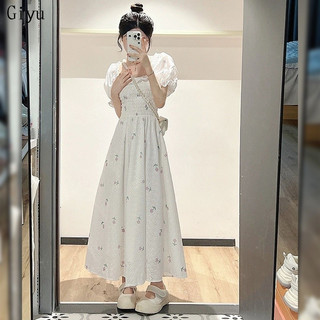 Váy Cottagecore Hoa Nhí Đi Biển Trắng Đầm Babydoll Body Dáng Dài Pháp tay phồng cổ vuông nữ mùa hè phong cách mới Váy hoa