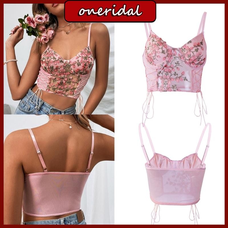 Oneri Hoa Thêu Bustier Top Spaghetti Dây Đeo Cami Crop Top Dành Cho Nữ Vintage Bustier Corse Top Lướ