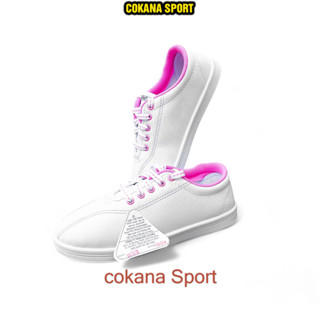  Giày Asia trắng hồng chất liệu Simili - Giầy thể thao asia trắng cột dây cho nhóm múa nhịp điệu 