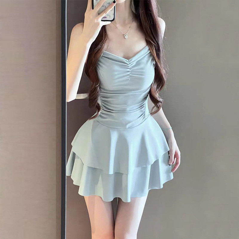 Đồ bơi ba lê một mảnh màu trơn Đồ bơi kỳ nghỉ xếp ly dễ thương | BigBuy360 - bigbuy360.vn