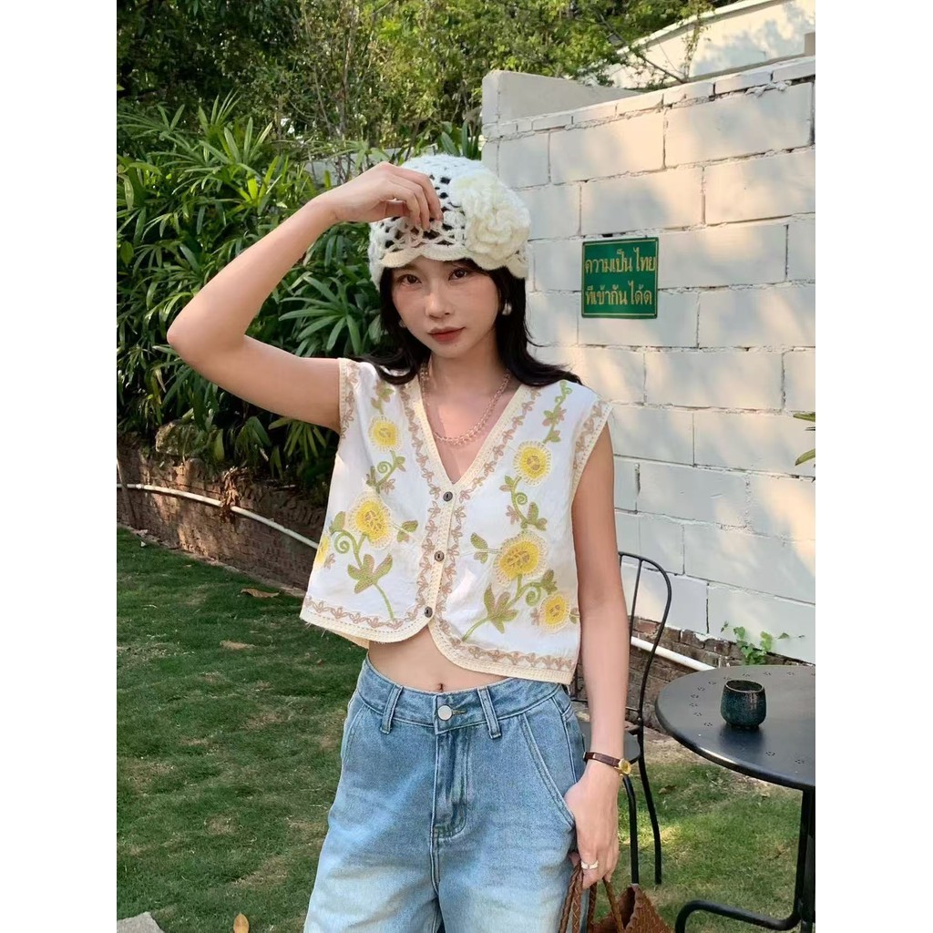Cổ Chữ V Thêu Hoa Cardigan, Áo Vest Lưới Kim Không Tay Short Top - AB9O