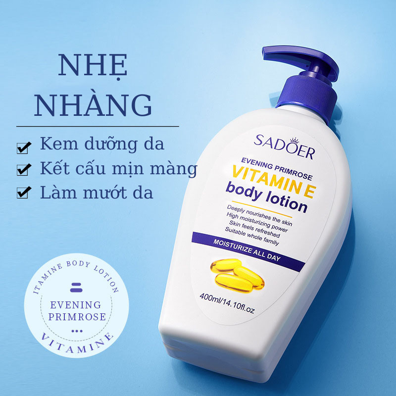 Dưỡng Thể Body Lotion Vitamin E Hoa Anh Thảo Ban Đêm SADOER Làm Mềm Mịn Da, Giảm Thiểu Khô Ráp, Nứt Nẻ, Bong Tróc, Duy T