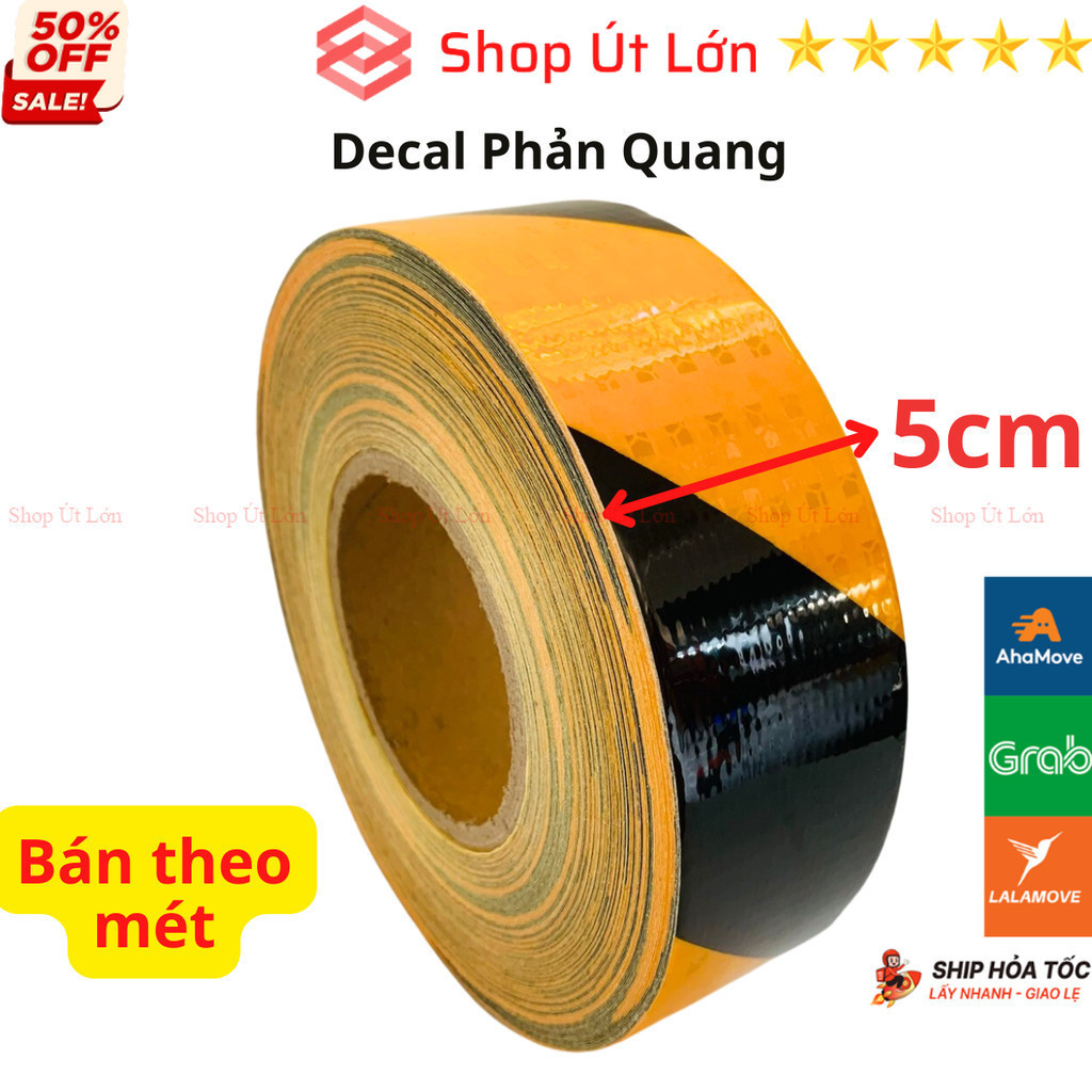 Decal phản quang Vàng - Đen rộng 5cm, băng keo phản quang bán theo mét - Shop Út Lớn
