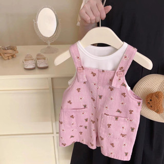 Áo Vest bé gái mùa hè + áo liền quần gấu hồng Bộ áo liền quần hai mảnh
