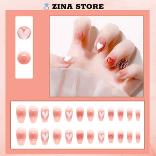 Nailbox 24 móng tay giả màu hồng thạch họa tiết trái tim