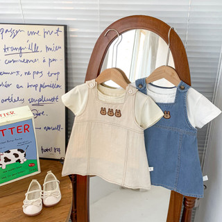 2024 Phong Cách Mới Váy Bé Gái Phù Hợp Với Mùa Hè Phong Cách Mới Phiên Bản Hàn Quốc Cho Bé Denim Dây Đeo Không Tay Váy Hoạt Hình Gấu Cô Gái Váy Chữ A Thời Trang