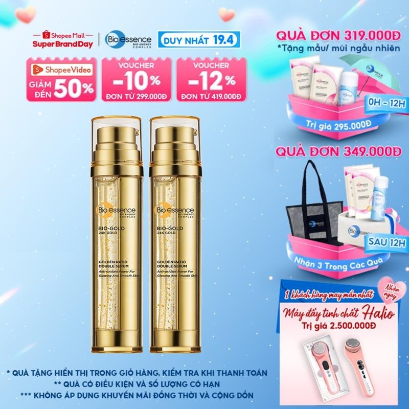 Combo 2 Tinh chất tái tạo phục hồi & ngăn ngừa lão hóa Bio-essence Bio-Gold Double Serum vàng 24K & trà xanh cô đặc 36g