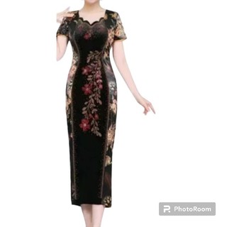 Đầm trung niên đi tiệc kiểu sườn xám nhung cao cấp, Sườn xám nhung trung niên phối màu tôn dáng Đầm trung niên đi tiệc