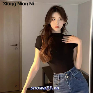 Xiang Nian Ni Pure Desire Trắng Nửa Cổ Cao Cổ Vai Slim-Fit Áo Thun Ngắn Tay Chặt Cinched Ngắn Hot Girl Top