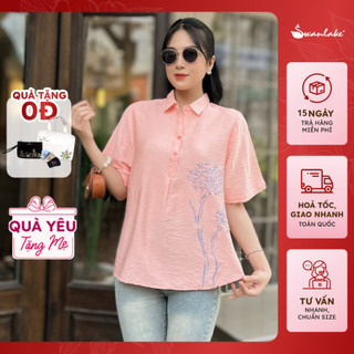  - Áo Sơ Mi Kiểu Nữ Trung Niên Cài Nút Vải Lụa Hàn Thêu Họa Tiết Hoa Tay Ngắn Tặng Mẹ Bà Swanlake - A11517