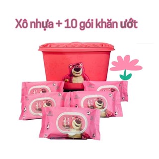 Combo 10 gói khăn ướt gấu dâu + tặng kèm thùng đựng có nắp và quai xách, thùng khăn giấy ướt cho bé
