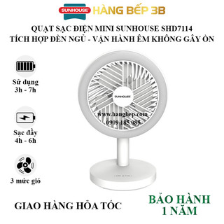 Quạt sạc điện mini Sunhouse SHD7114 nhỏ gọn tiện lợi - Tích hợp đèn chiếu sáng - Bảo hành 1 năm