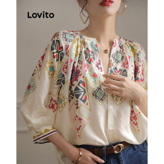 Áo kiểu Lovito xếp nếp in họa tiết bộ lạc thường ngày cho nữ LNA17130 (màu trắng ngà)