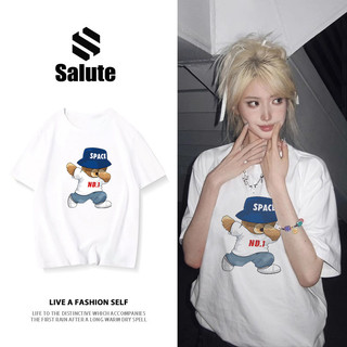 Áo phông nữ trắng form rộng mùa hè local brand SALUTE cổ tròn áo thun Con gấu in hình cute fashion 100% cotton Y1143