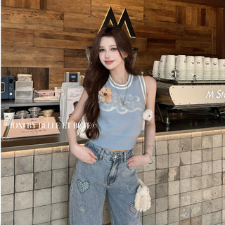 Áo ba lỗ nữ Áo trễ vai Mùa Hè 2024 Phong Cách Mới Ba Chiều Búp Bê Dễ Thương Trang Trí Chữ Jacquard Không Tay Đan Top