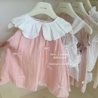 V501 - Váy Hồng Đính Nơ Cổ Trắng Xinh Bé Gái
