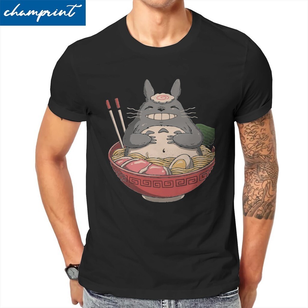 Mèo Ăn Mì RAMEN Áo Nam Cotton Nguyên Chất Vintage Áo Thun Cổ Tròn Totoro Tee Áo Sơ Mi Tay Ngắn Áo Pl