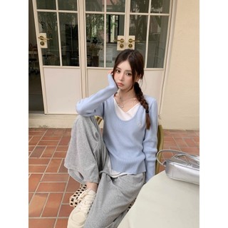 Áo Dệt Kim Thường Ngày Lười Phối Ghép Hai Mảnh Giả Màu Tương Phản Cho Thiết Kế, Áo Chui Đầu Dễ Phối Mẫu Mới