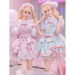 Váy treo phong cách lolita Váy dài ngọt ngào dễ thương Kulomi In hình chú chó lớn màu đen Phong cách công chúa nhỏ nơ tươi Giai điệu lolita Đầm