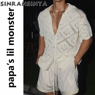 Sinransinya Mới Áo Sơ Mi POLO Nam Mỹ Retro Thường Ngày Sang Trọng Màu Trơn Rỗng Thiết Kế Ren Trưởng Thành Phong Cách Rời Thiếu Niên Cặp Đôi Thời Trang Dệt Kim Cổ Cuba Hàng Đầu