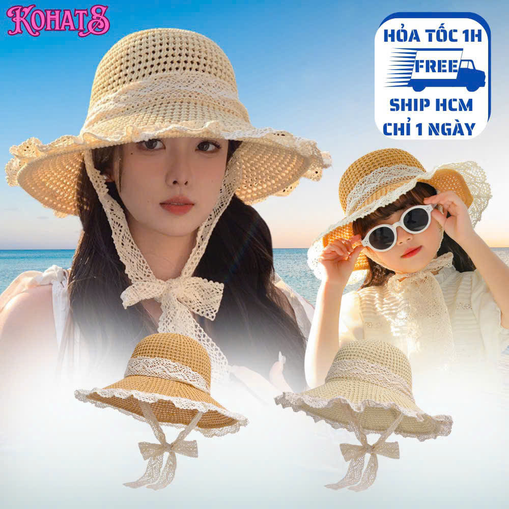 Mũ Cói Đi Biển Rộng Vành Phối Ren KOHATS Xinh Xắn Cho Nữ Gấp Gọn Tiện Lợi Không Bị Mất Form
