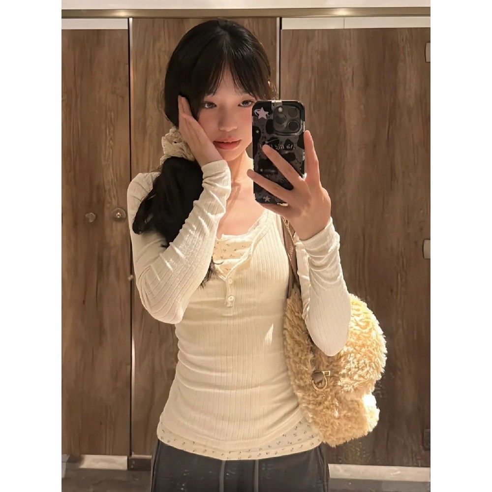 RICH-THEY Áo Thun Dài Tay Nữ Áo Bó Hoa Cổ Tròn Thời Trang Hai Mảnh Giả Phong Cách Hàn Quốc Mới | BigBuy360 - bigbuy360.vn