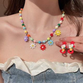 Drejew Bộ bông tai vòng cổ hoa đầy màu sắc thiết kế thích hợp chuỗi xương đòn phong cách kỳ nghỉ ngọt ngào dịu dàng vòng cổ nữ