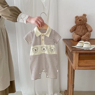 2024 Phong Cách Mới Cho Bé Onesie INS Phiên Bản Hàn Quốc Cho Bé polo Tay Ngắn Sọc Gấu In Jumpsuit Đẹp Trai Đi Chơi Áo Liền Quần