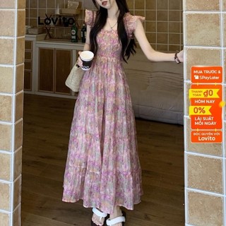 Đầm Lovito hoa nhí xếp tầng diềm xếp nếp may nhún chun phong cách boho cho nữ LNE16012 (màu hồng)