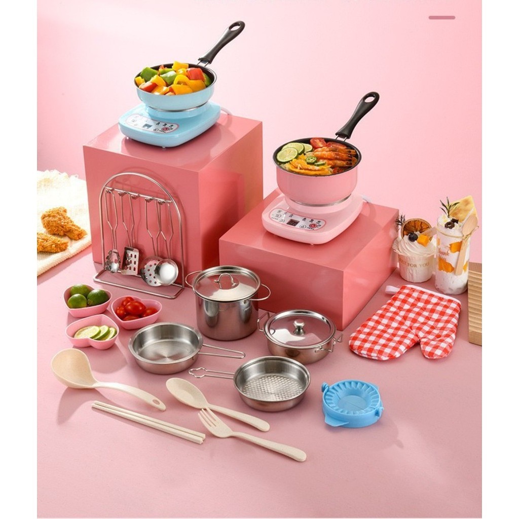 Bộ nấu ăn mini cho bé, nấu ăn thật màu xanh / hồng