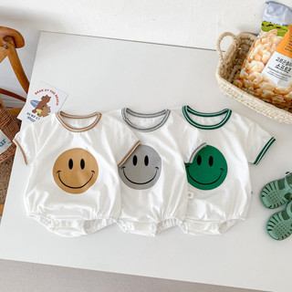Mùa Hè 2024 Trẻ Sơ Sinh Tay Ngắn Họa Tiết Cười Cổ Tròn Tam Giác Áo Liền Quần Cotton Mỏng Nam Nữ Áo Liền Quần Cho Bé