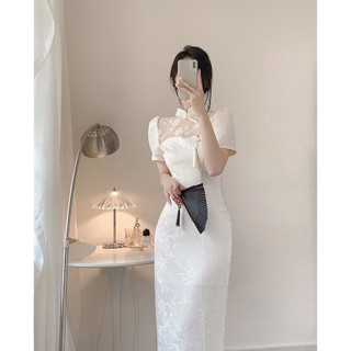Mùa Hè 2023 Trắng Hoa Hồng Sườn Xám Cao Cấp Tính Khí Hoa Hồng Ren Jacquard Cao Cấp Phong Cách Quốc Gia Sườn Xám Cổ Đầm Nữ