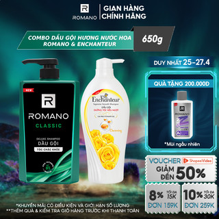 Combo Dầu gội Romano hương nước hoa Classic & Dầu gội nước hoa Enchanteur 650g/chai