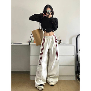 Mỹ Retro Hip-Hop Dây Rút Quần Ống Rộng Nữ Cao Cấp Rời Thể Thao Cổ Thẳng-Leg Sweatpan