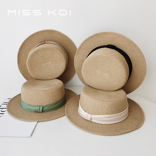 Misskoi Mũ chống nắng phẳng kiểu Pháp Mũ ống hút nữ mùa hè đi biển kỳ nghỉ Mũ che nắng Influencer Rơm vành rộng Mũ nhỏ tươi