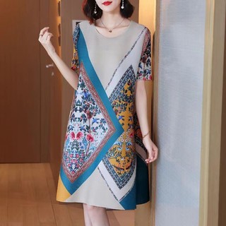 Miyake Xếp Ly Phong Cách Dân Tộc Thời Trang In Hình Váy Midi Mùa Hè 2023 Rời Plus Size Đầm Nữ Cổ Tròn Tay Ngắn Chữ A Váy