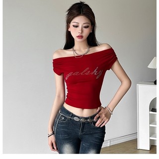 Kliou Mùa Hè 2024 Mới Cay Cô Gái Phong Cách Chữ Nóng Kim Cương Một Vai Áo Thun Nữ Ngắn Slim Fit Cao Cấp Eo Top