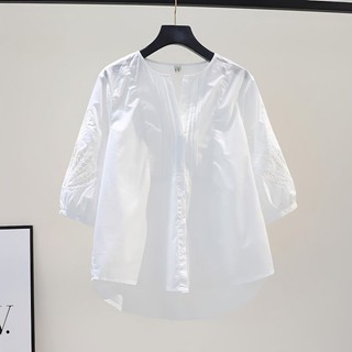 Cotton Nguyên Chất Rỗng Thêu Giữa Tay Trắng Nữ Cổ Tròn Rời Áo Sơ Mi Mùa Hè Phiên Bản Hàn Quốc Tươi Top