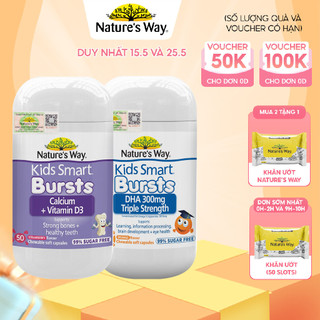 Combo Phát Triển Trí Não, Tăng Chiều Cao NATURE'S WAY Kids Smart DHA 300mg +Calcium, Vitamin D3 Cho Bé Từ 1 Tuổi 50v/lọ
